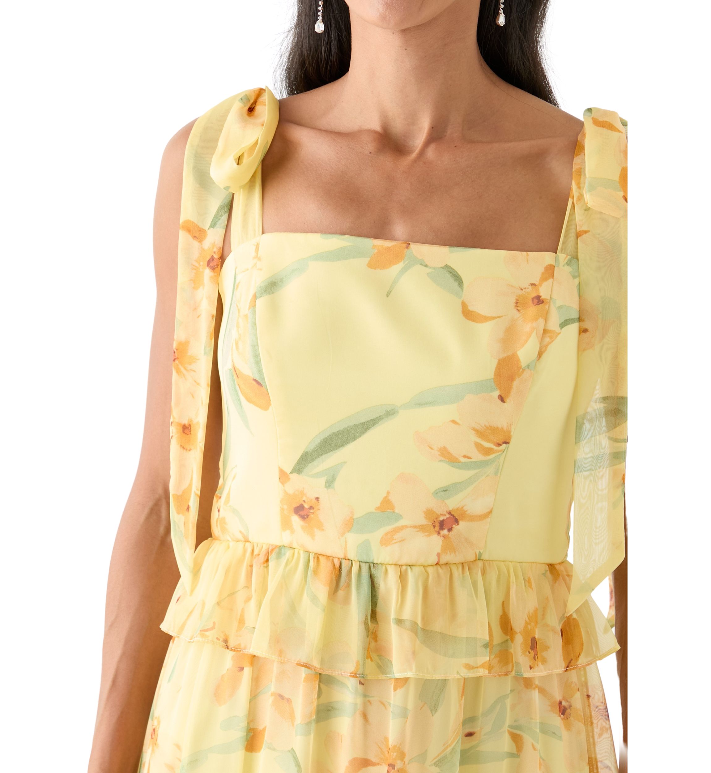 Womens Sleeveless Floral Printed Tiered Ruffle Maxi Dress