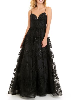 Women's Black Illusion Embroidered Ball Gown