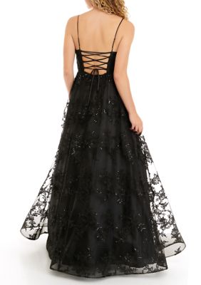 Women's Black Illusion Embroidered Ball Gown