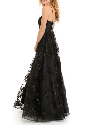 Women's Black Illusion Embroidered Ball Gown