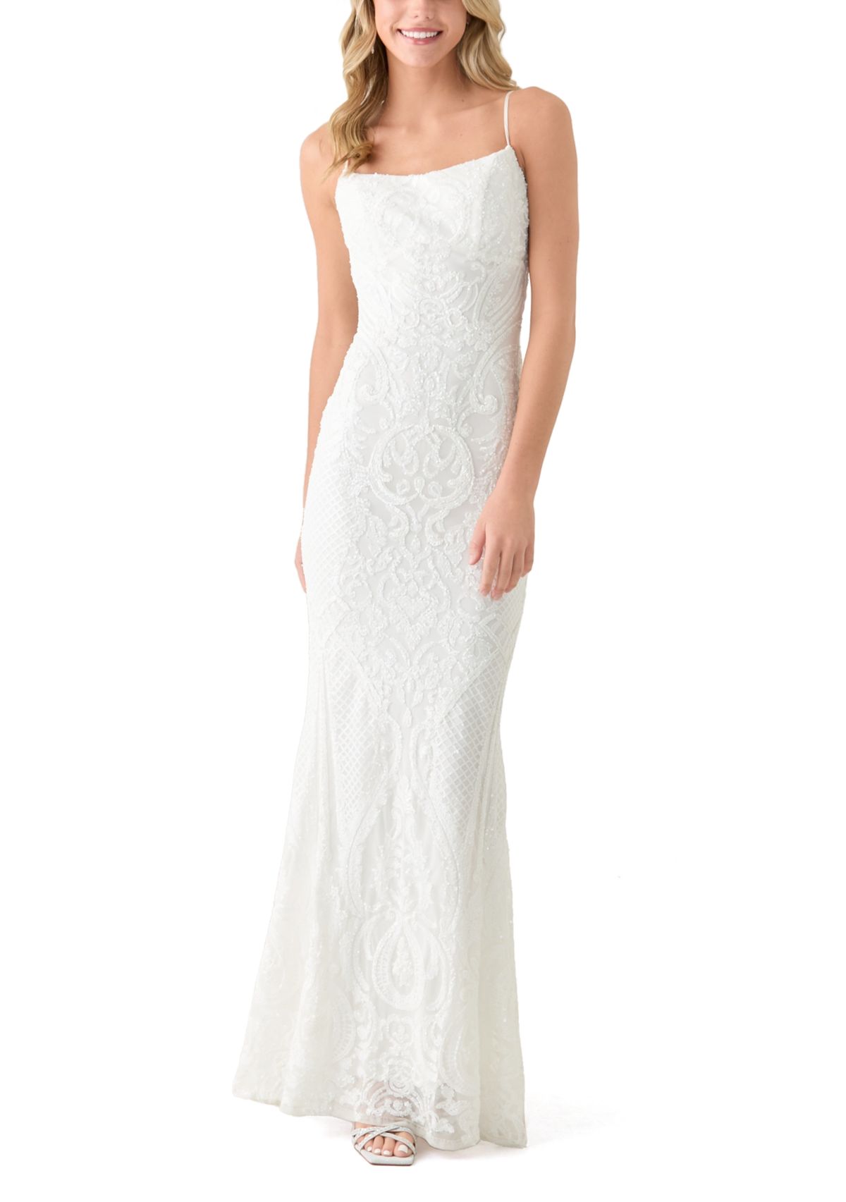 Womens Sleeveless Scoop Neck Solid Embellished Gown