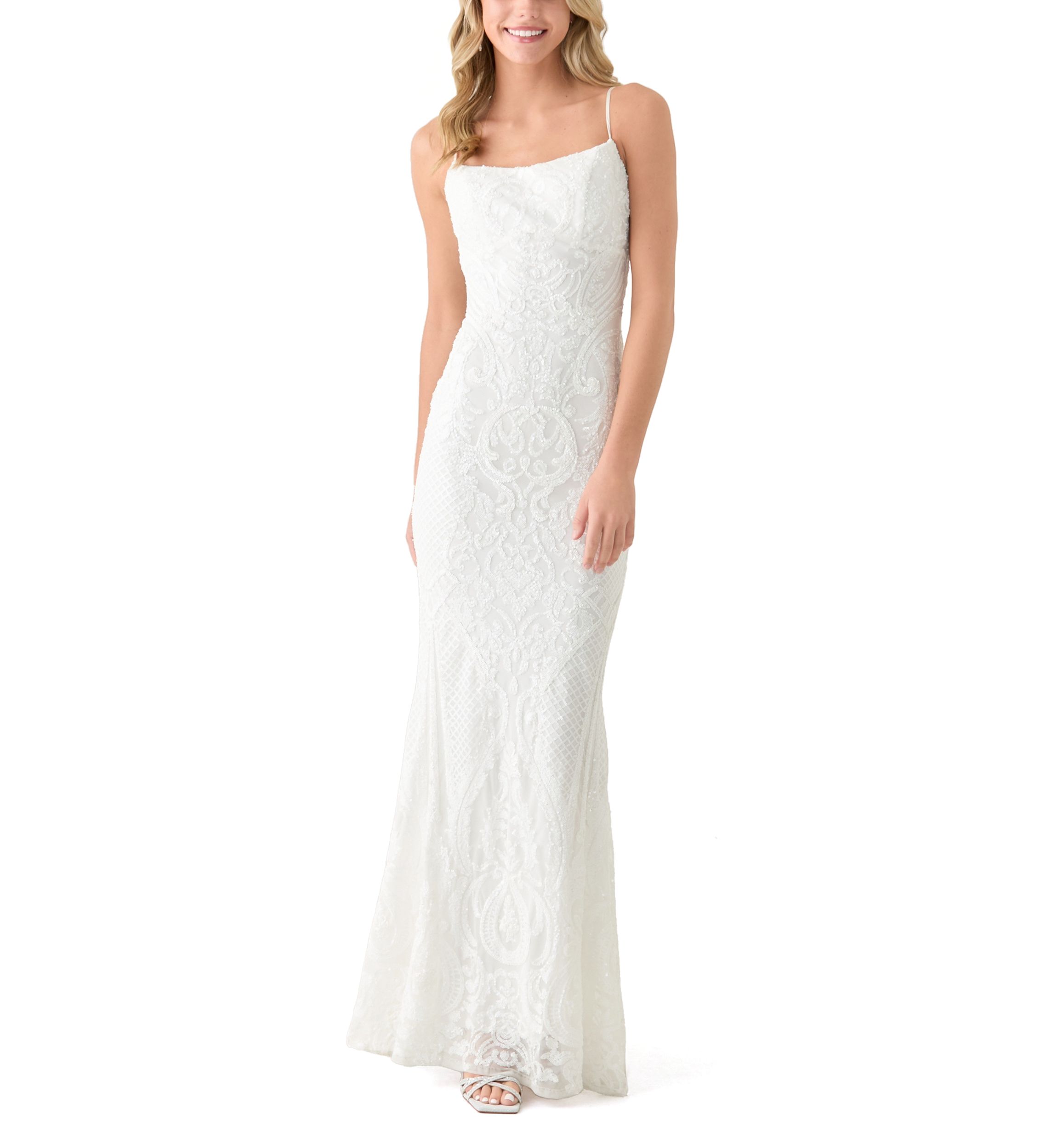 Womens Sleeveless Scoop Neck Solid Embellished Gown