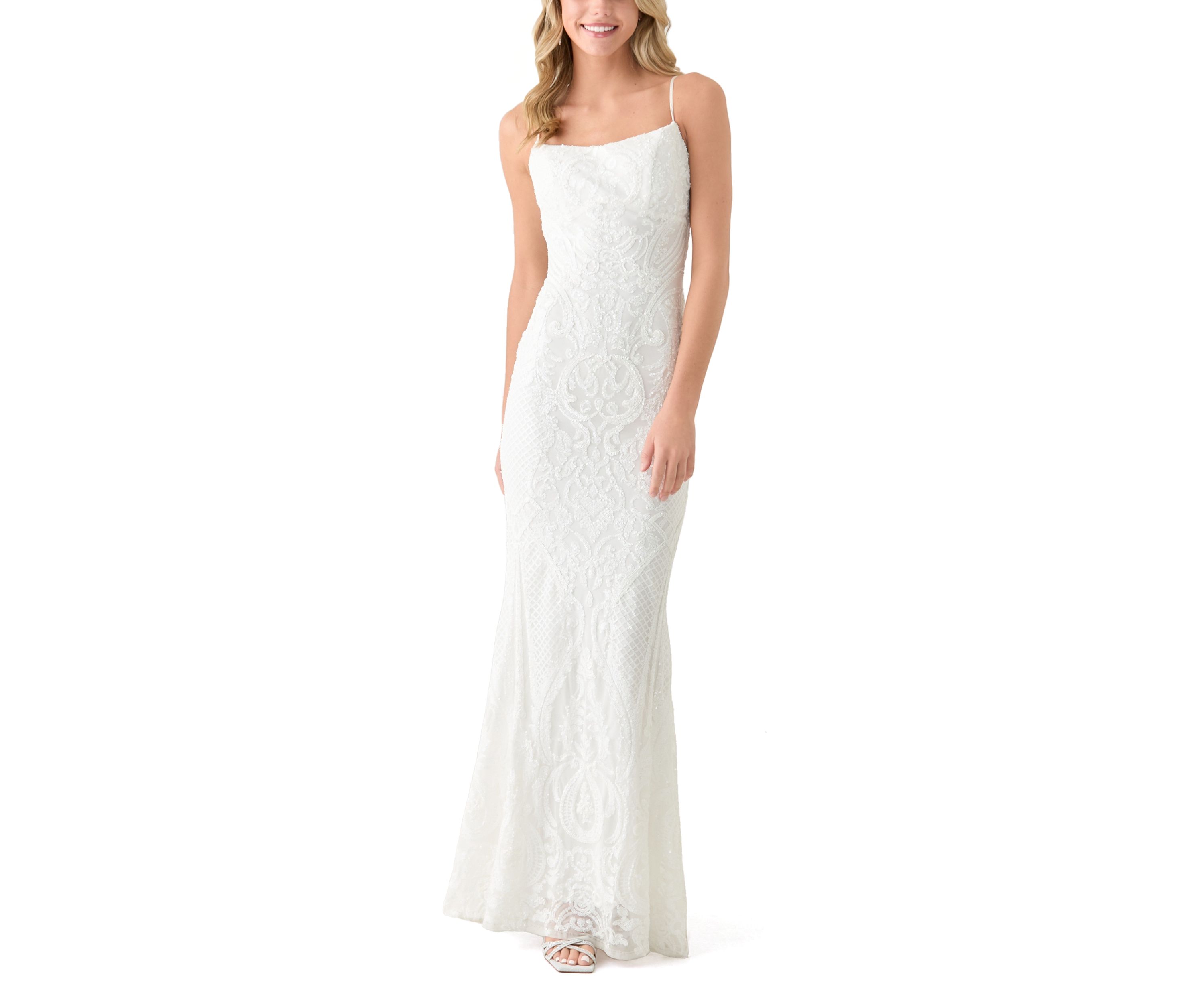 Womens Sleeveless Scoop Neck Solid Embellished Gown