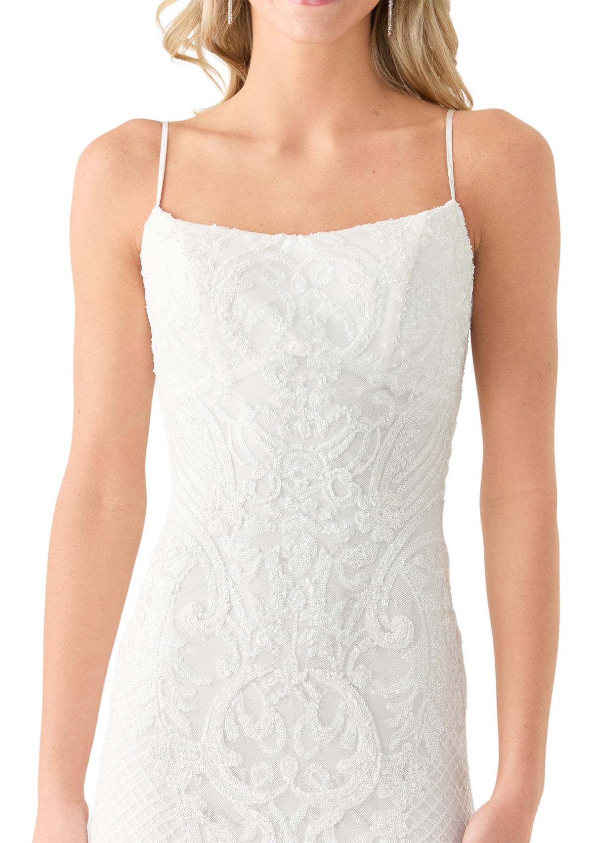 Womens Sleeveless Scoop Neck Solid Embellished Gown