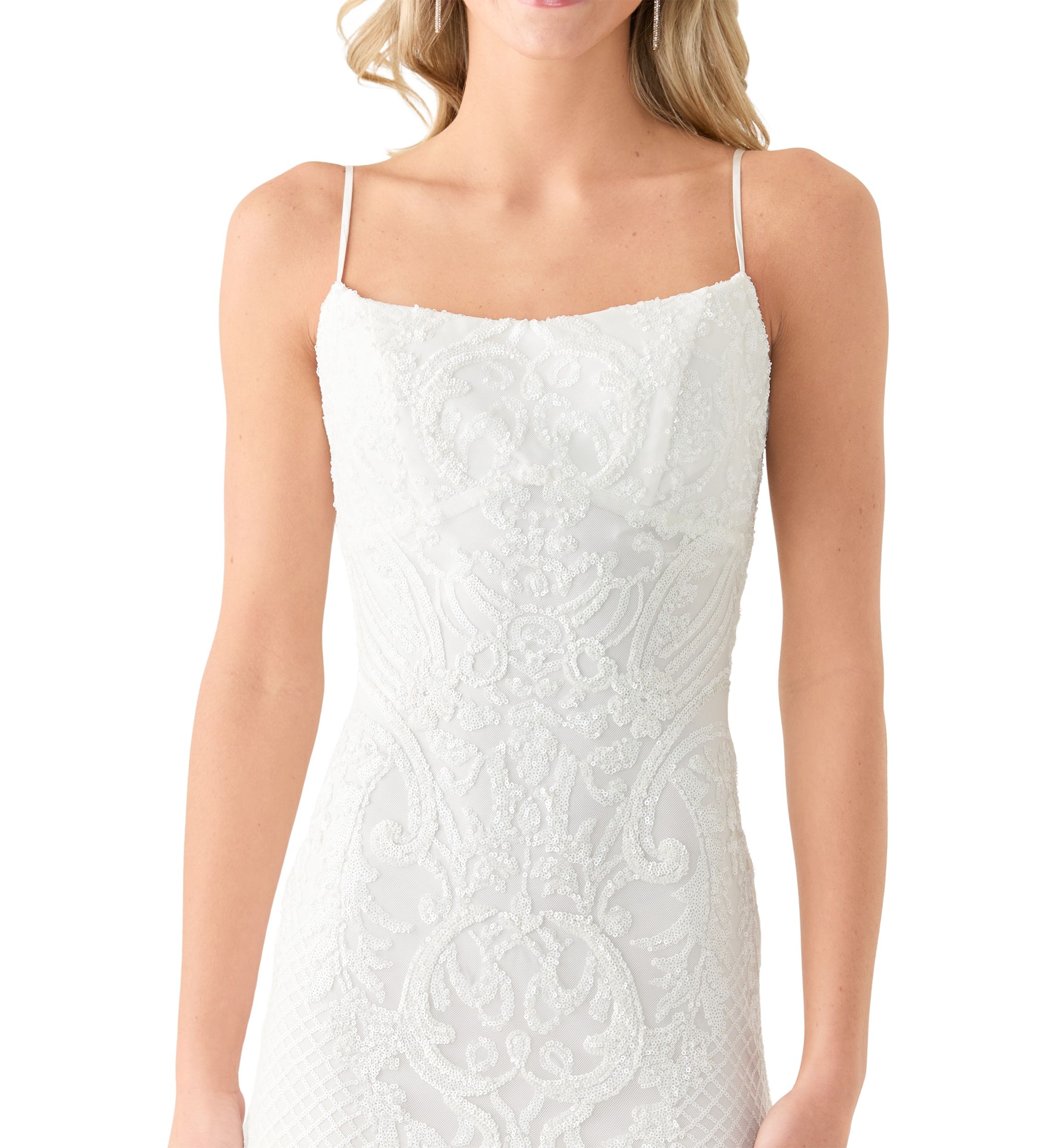 Womens Sleeveless Scoop Neck Solid Embellished Gown