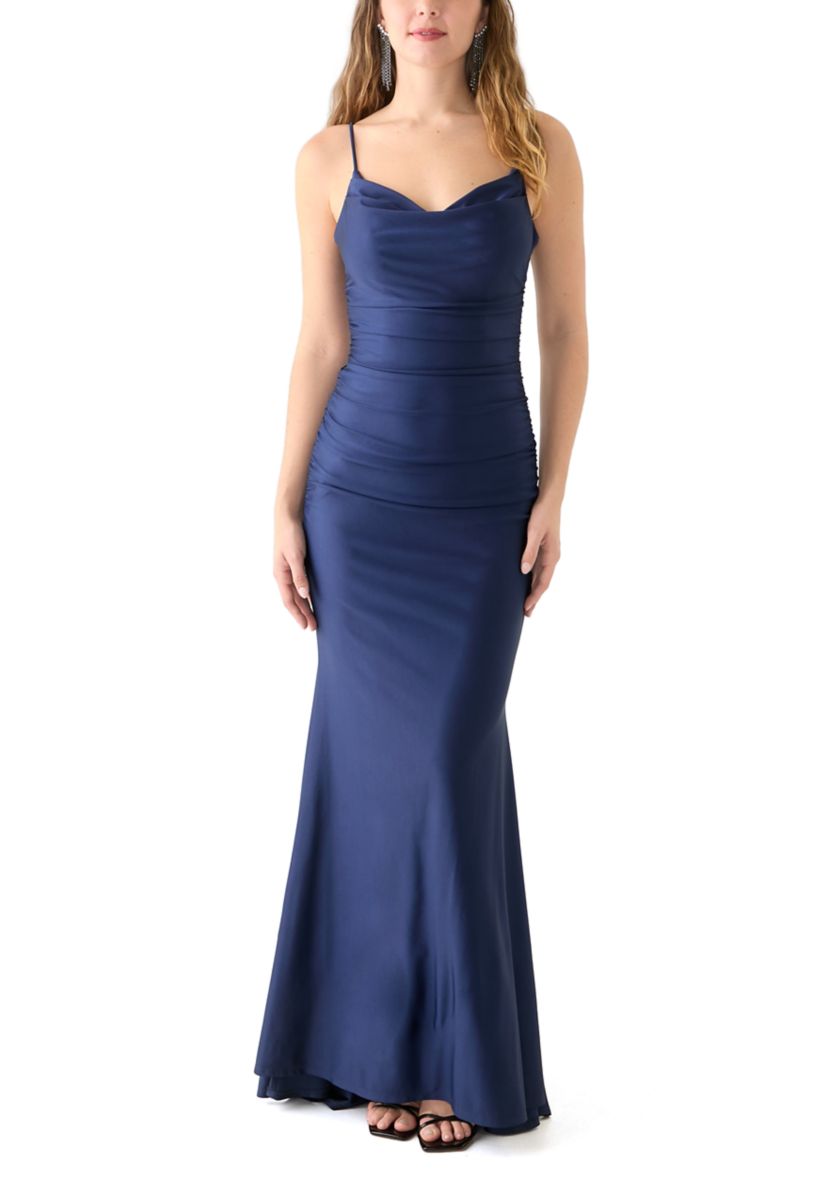 Womens Sleeveless Square Neck Solid Satin Slim Gown