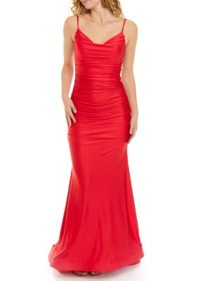 B. Darlin Women s All Over Ruched Shiny Power Slim Gown belk