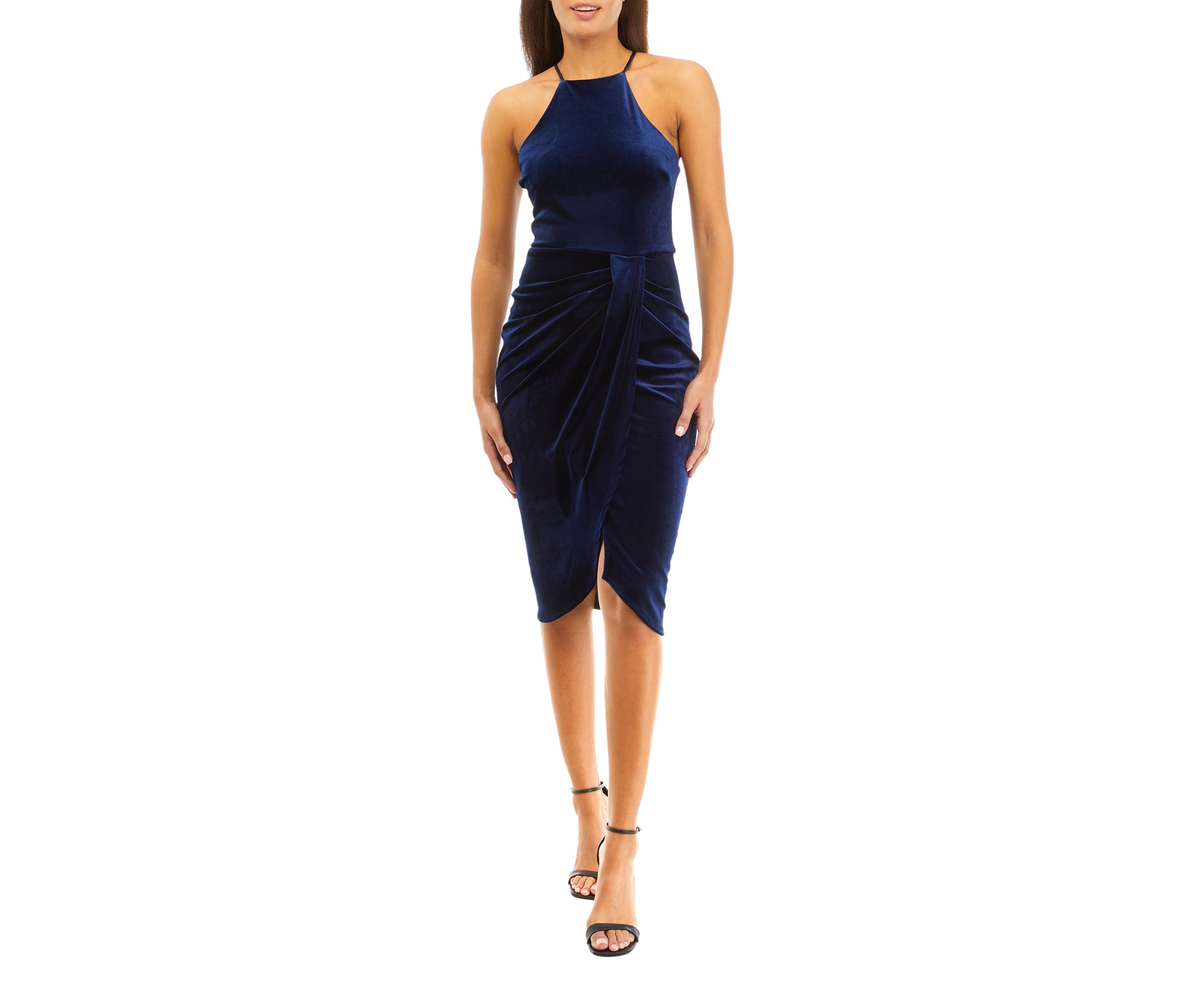 Womens Sleeveless Halter Solid Velvet Sheath Dress