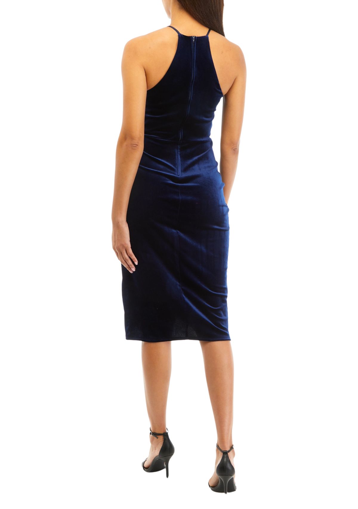 Womens Sleeveless Halter Solid Velvet Sheath Dress