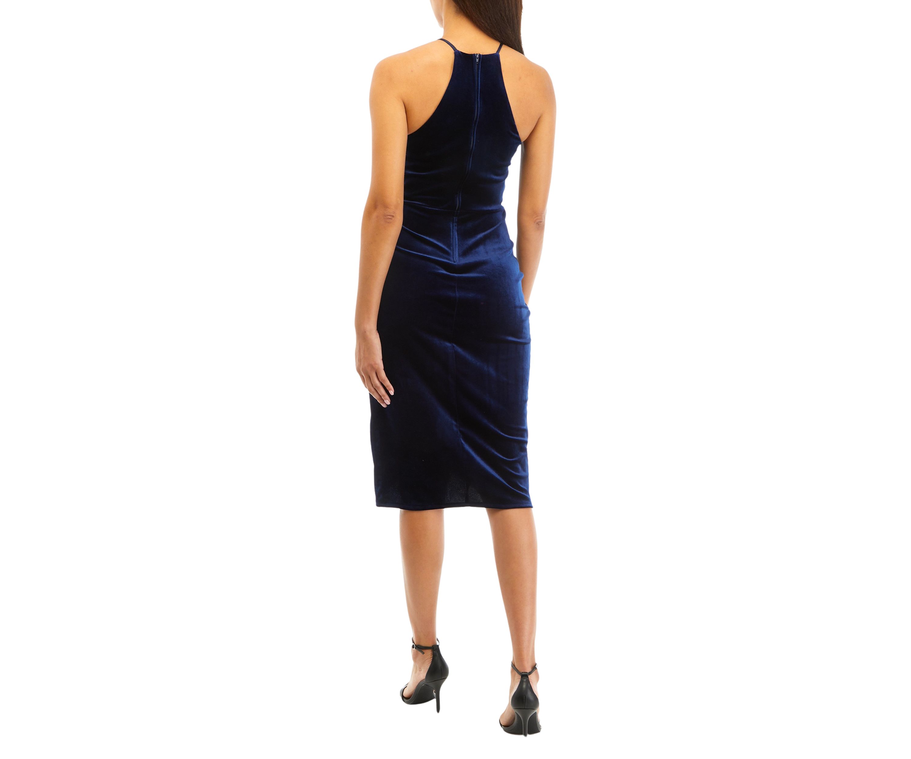 Womens Sleeveless Halter Solid Velvet Sheath Dress