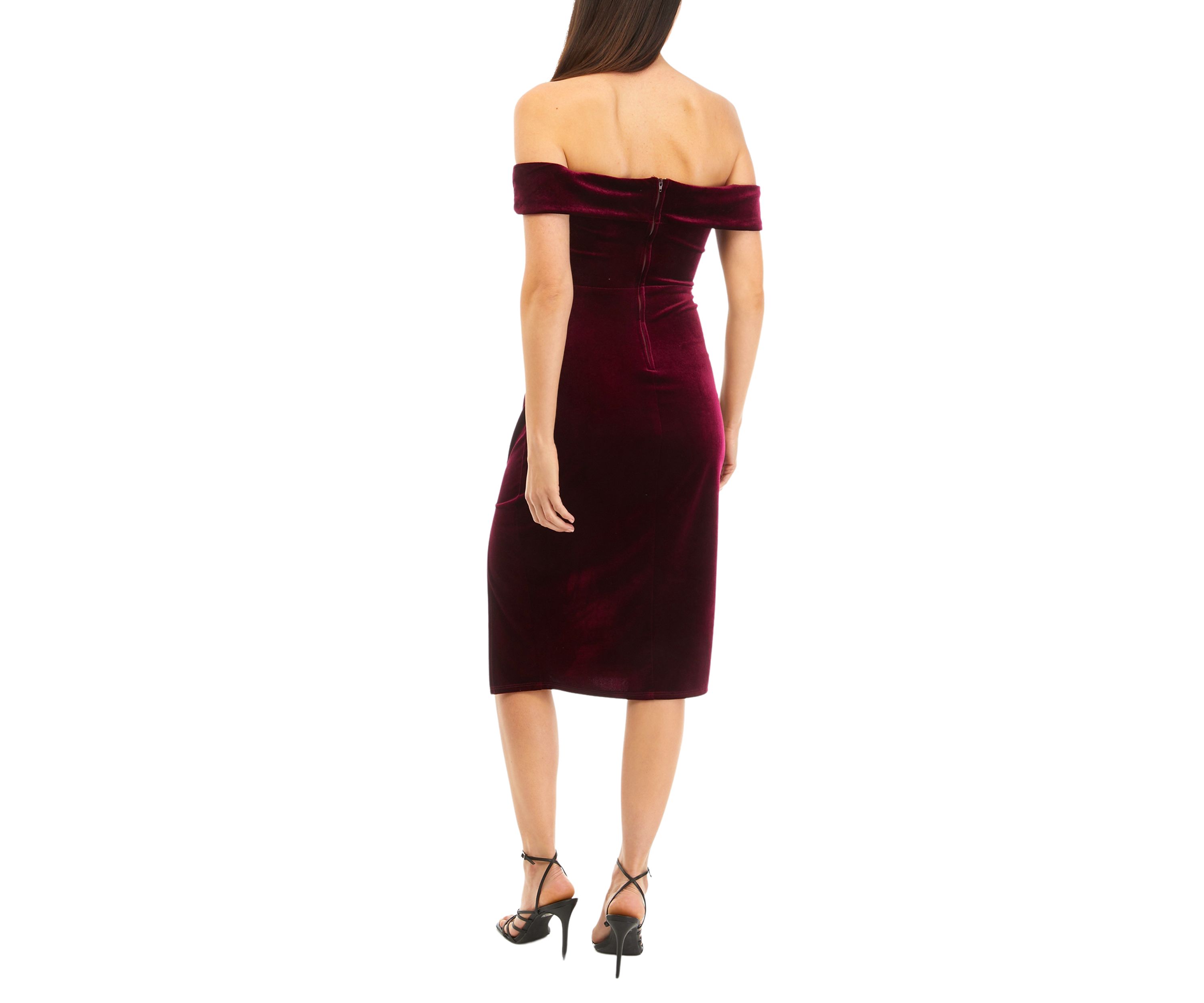 Womens Short Sleeve Off the Shoulder Velvet Side Ruched Sheath Dress