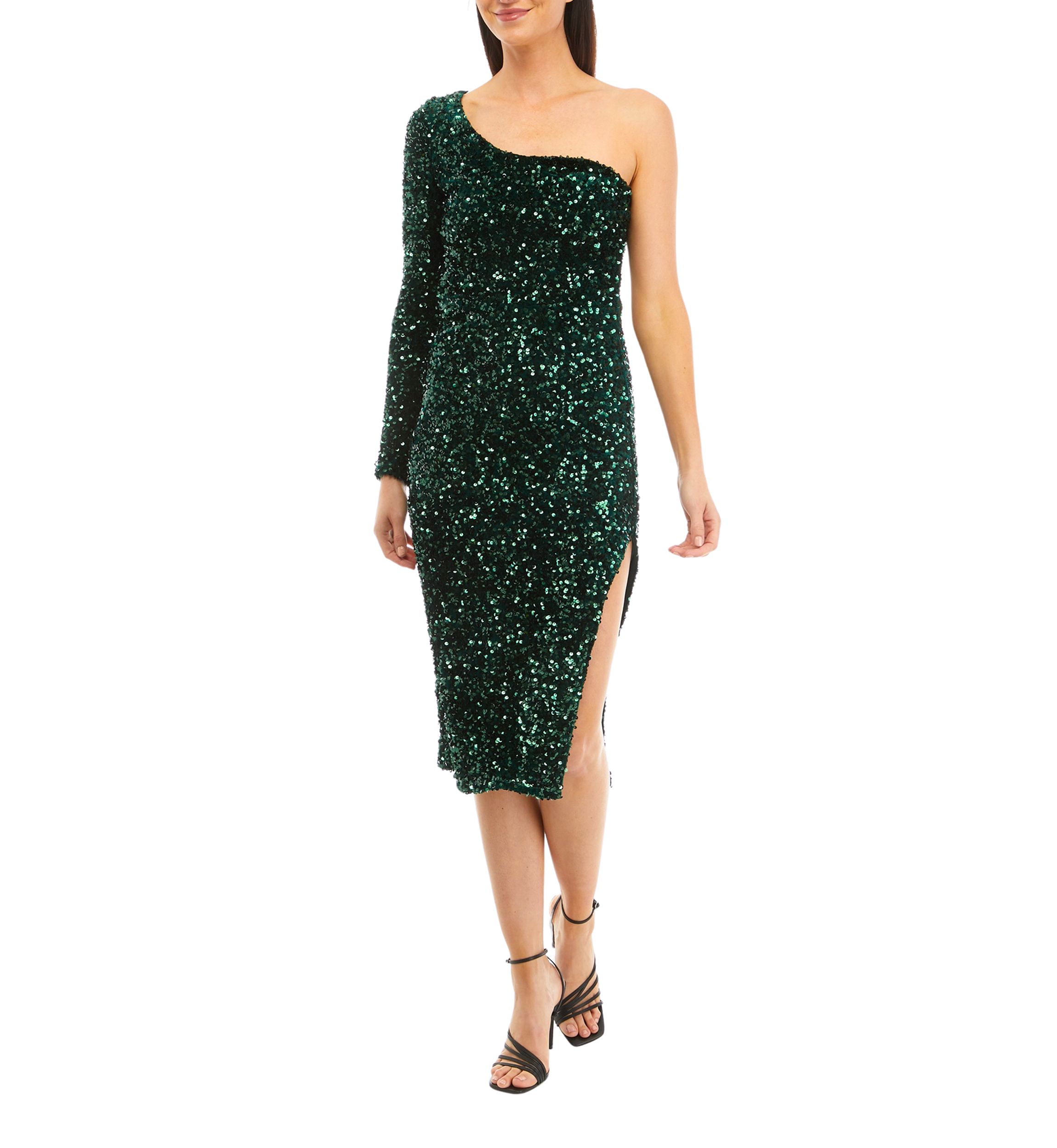 Womens One Shoulder Solid Sequin Velvet Sheath Dress