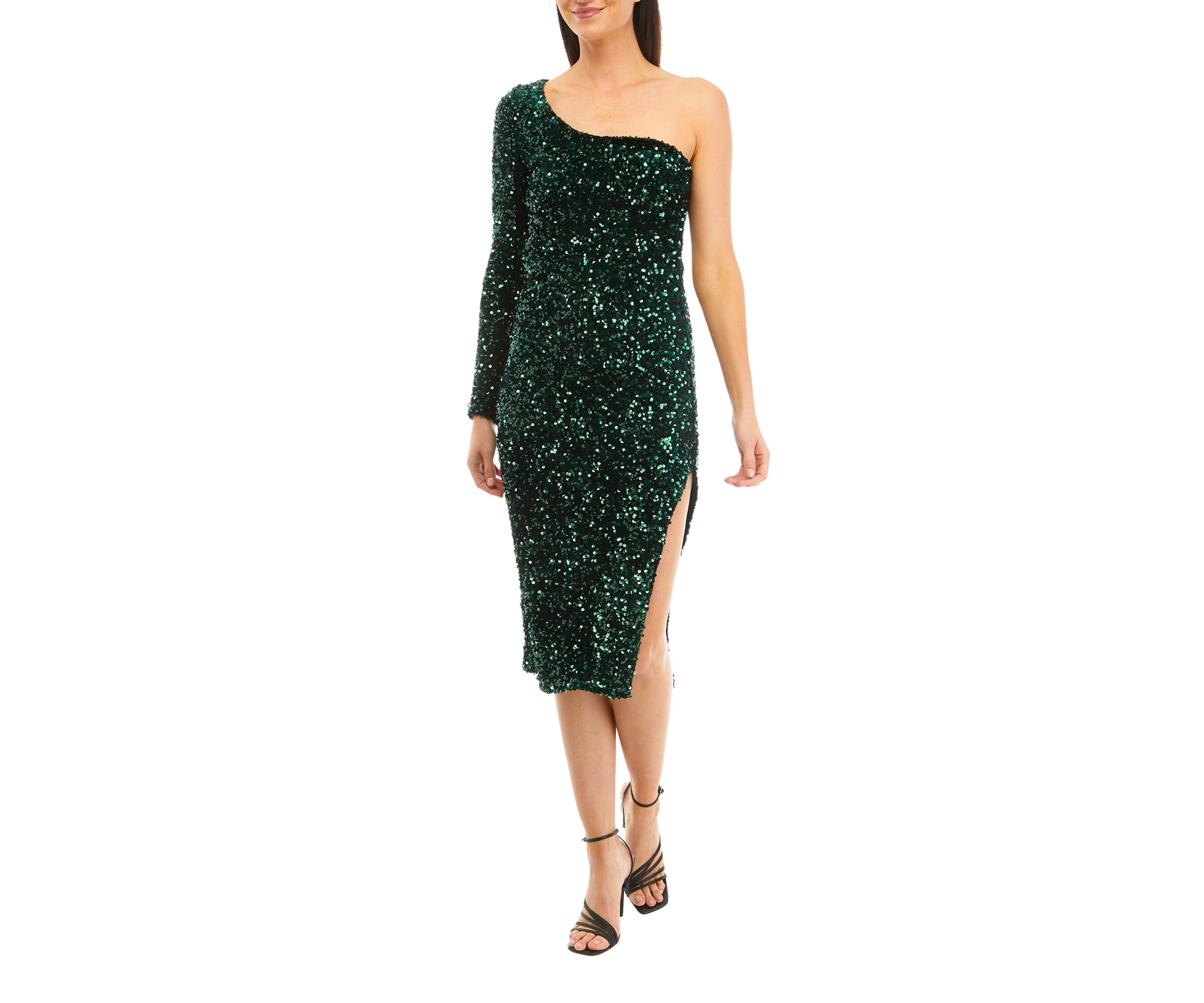 Womens One Shoulder Solid Sequin Velvet Sheath Dress