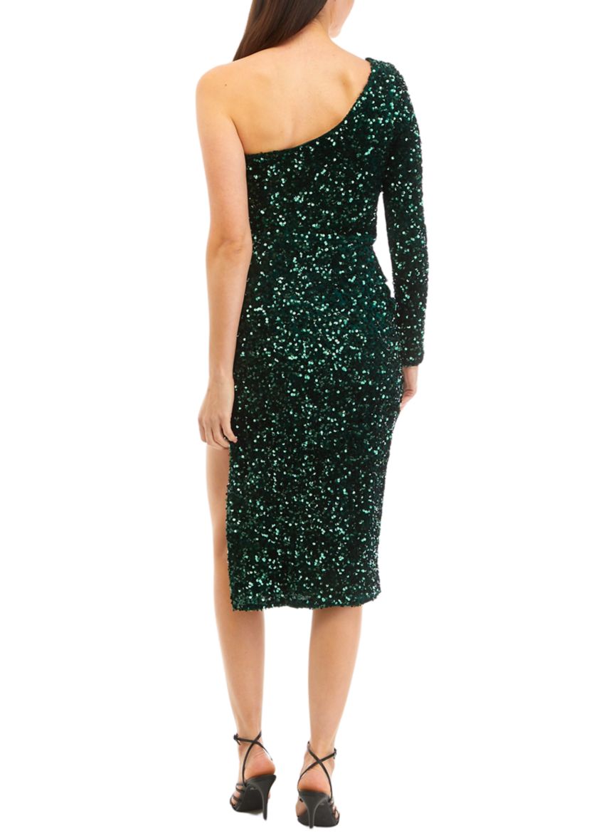 Womens One Shoulder Solid Sequin Velvet Sheath Dress