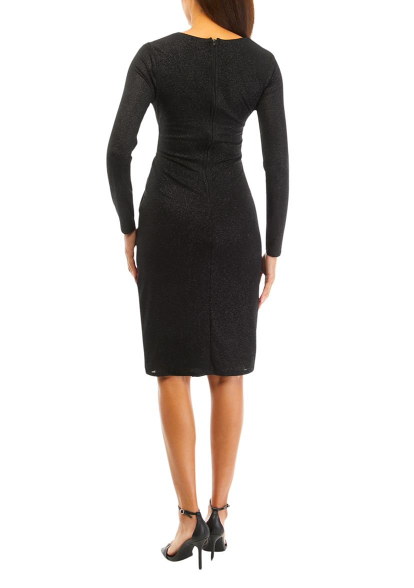 Womens Long Sleeve V-Neck Solid Glitter Knit Sheath Dress