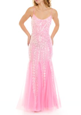 Women's Spaghetti Strap Pink Sequin Pattern Gown