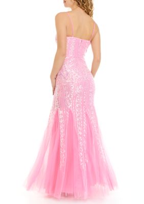 Women's Spaghetti Strap Pink Sequin Pattern Gown