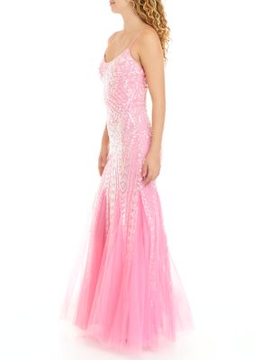 Women's Spaghetti Strap Pink Sequin Pattern Gown