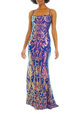 Women's Sleeveless Square Neck Pattern Sequin Slim Gown