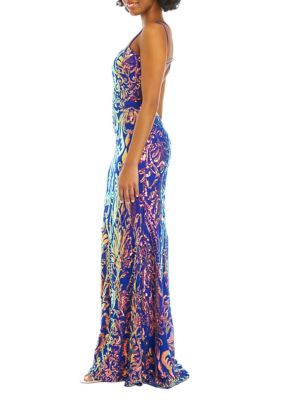 Women's Sleeveless Square Neck Pattern Sequin Slim Gown