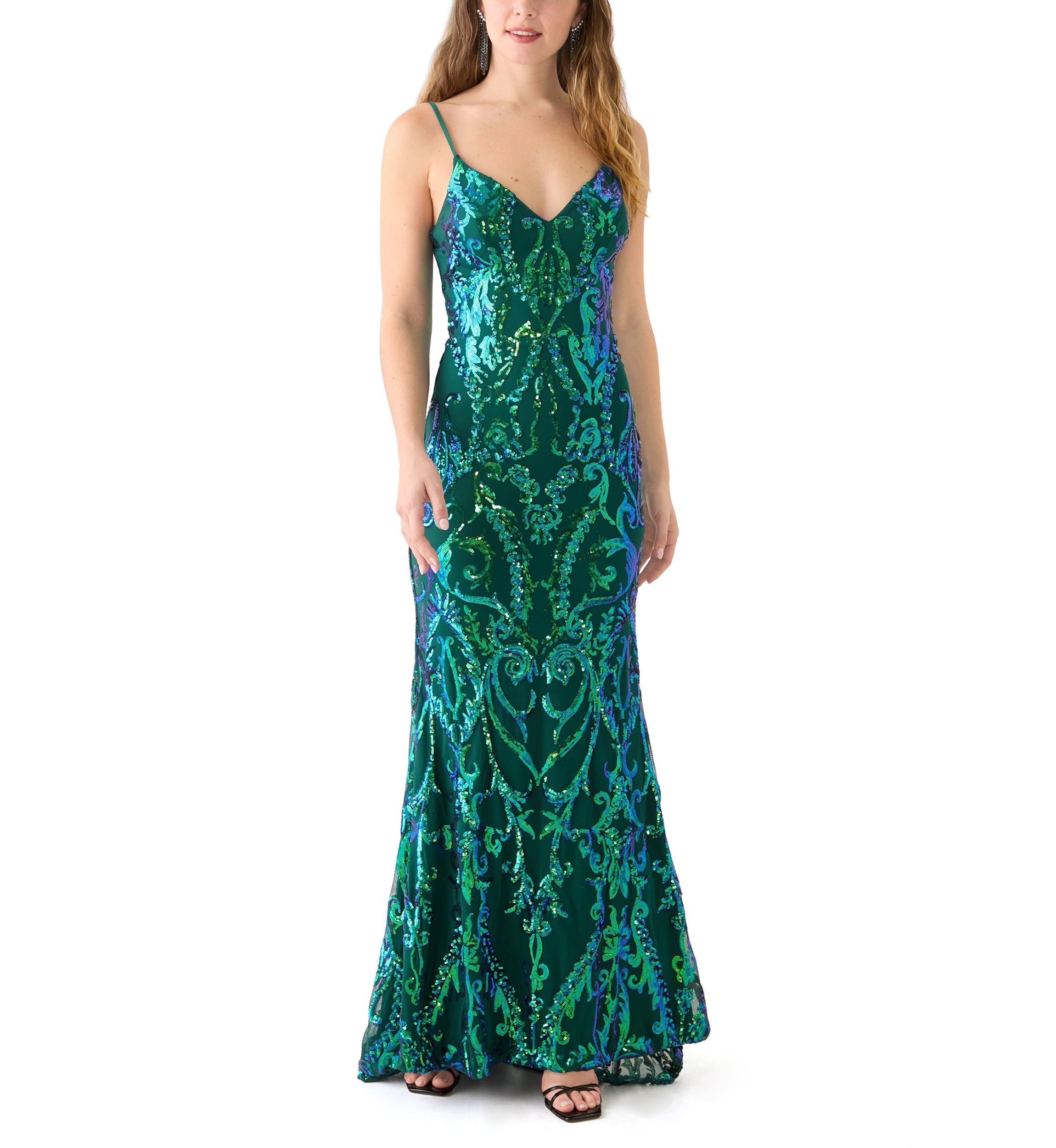 Womens Sleeveless V-Neck Sequin Mesh Gown 