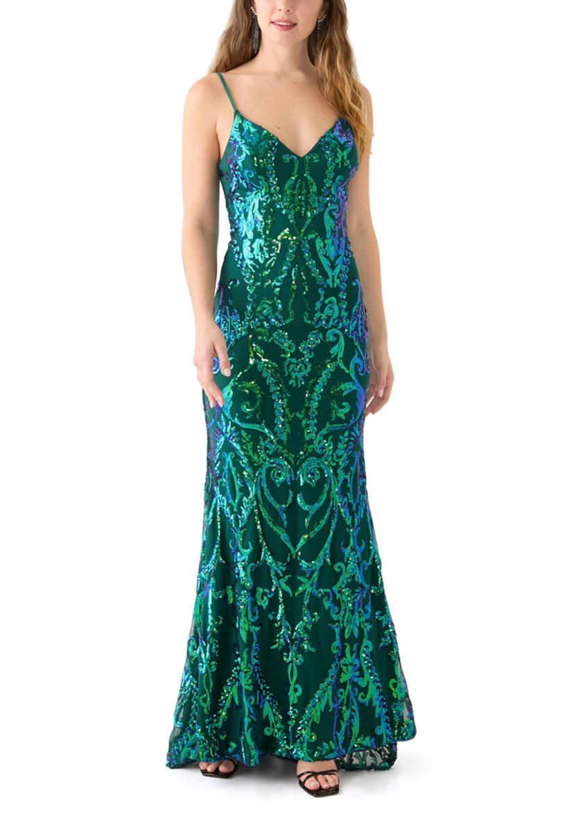 Womens Sleeveless V-Neck Sequin Mesh Gown 