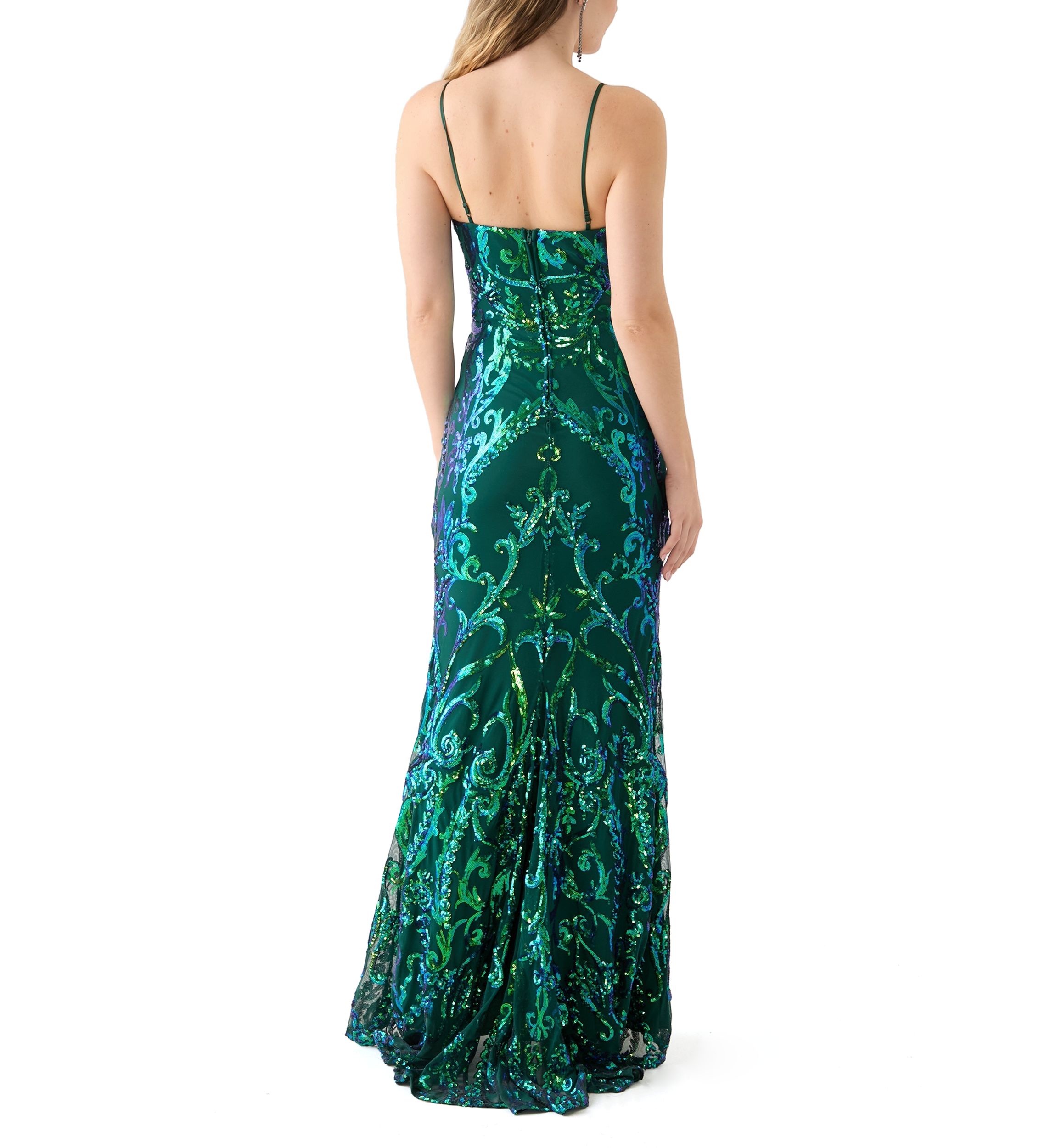 Womens Sleeveless V-Neck Sequin Mesh Gown 