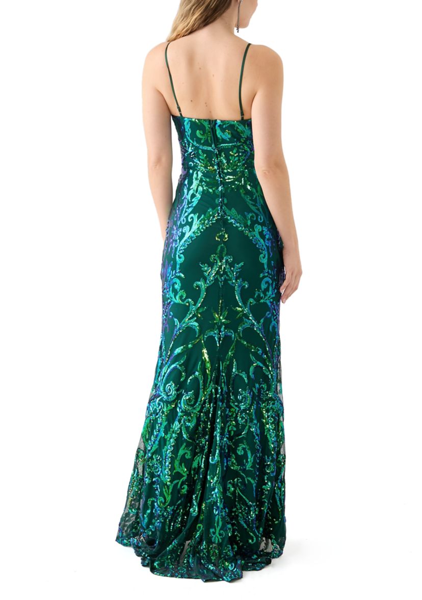 Womens Sleeveless V-Neck Sequin Mesh Gown 