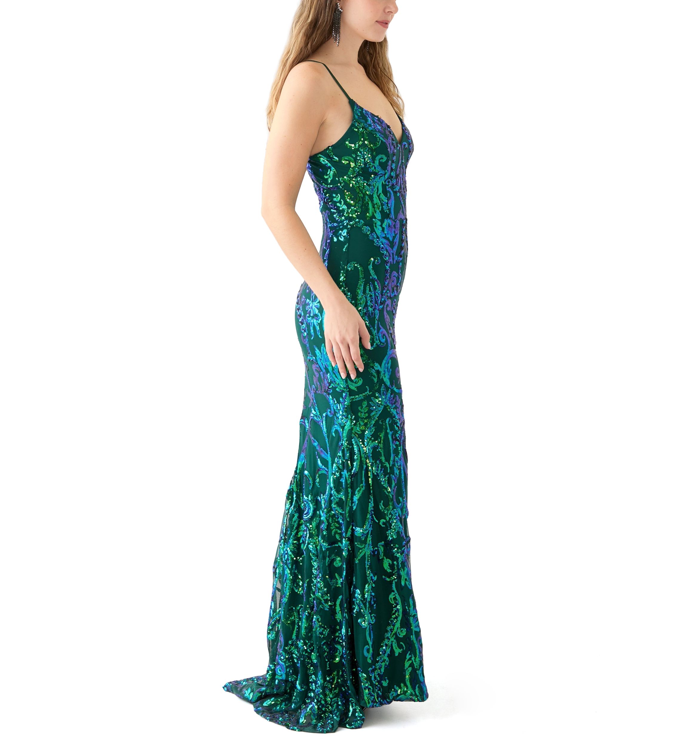 Womens Sleeveless V-Neck Sequin Mesh Gown 
