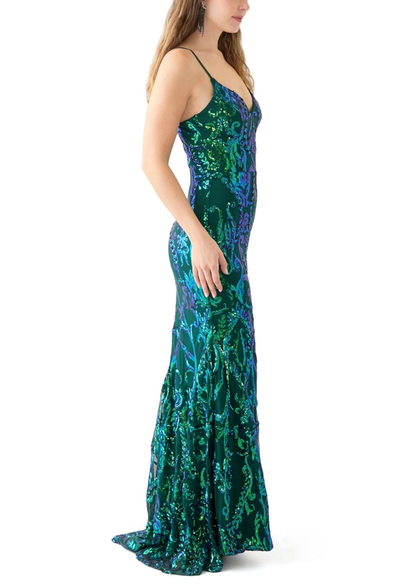 Womens Sleeveless V-Neck Sequin Mesh Gown 