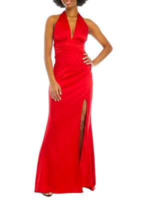 B. Darlin Women's V-Neck Halter Satin Slim Gown, Red -  0791841579441