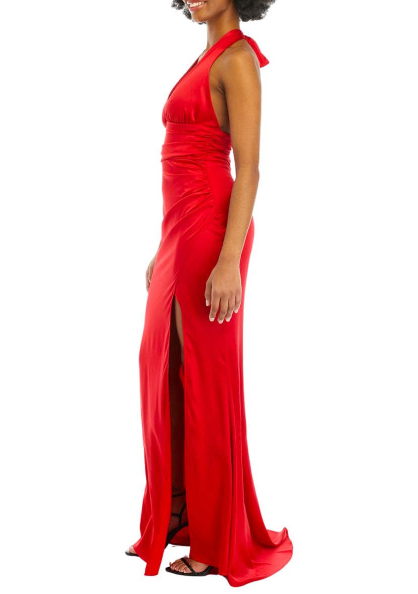 Womens V-Neck Halter Satin Slim Gown