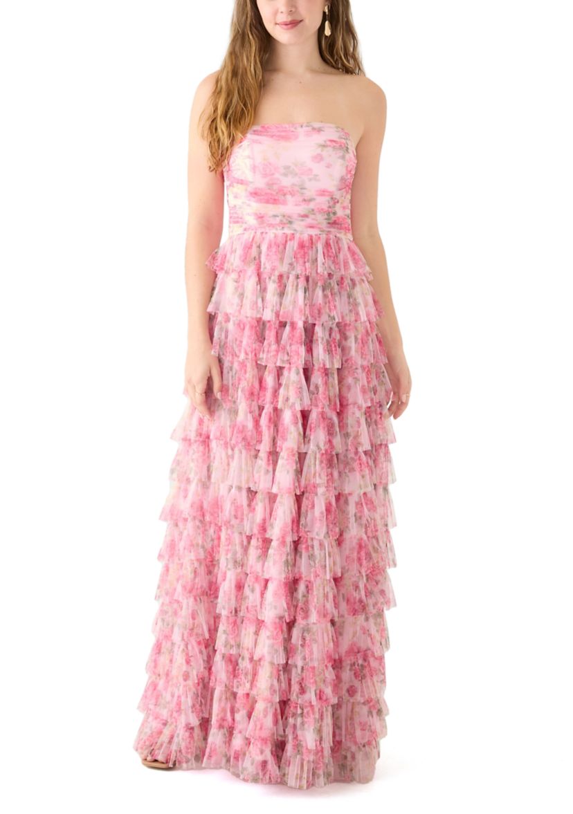 Strapless Printed Mesh Gown 