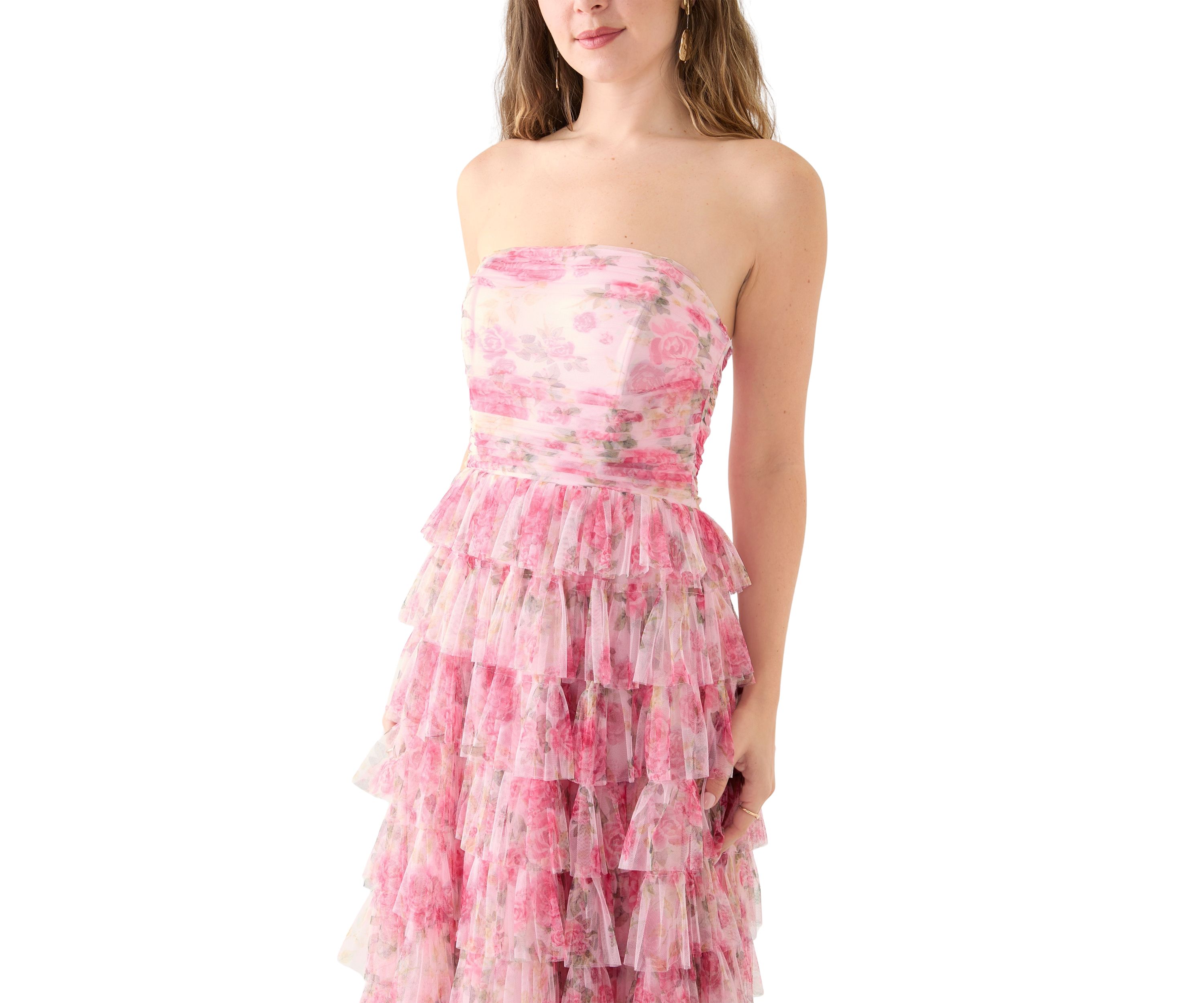 Strapless Printed Mesh Gown 