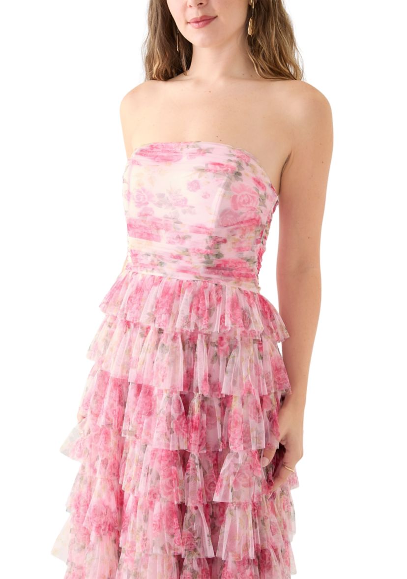 Strapless Printed Mesh Gown 