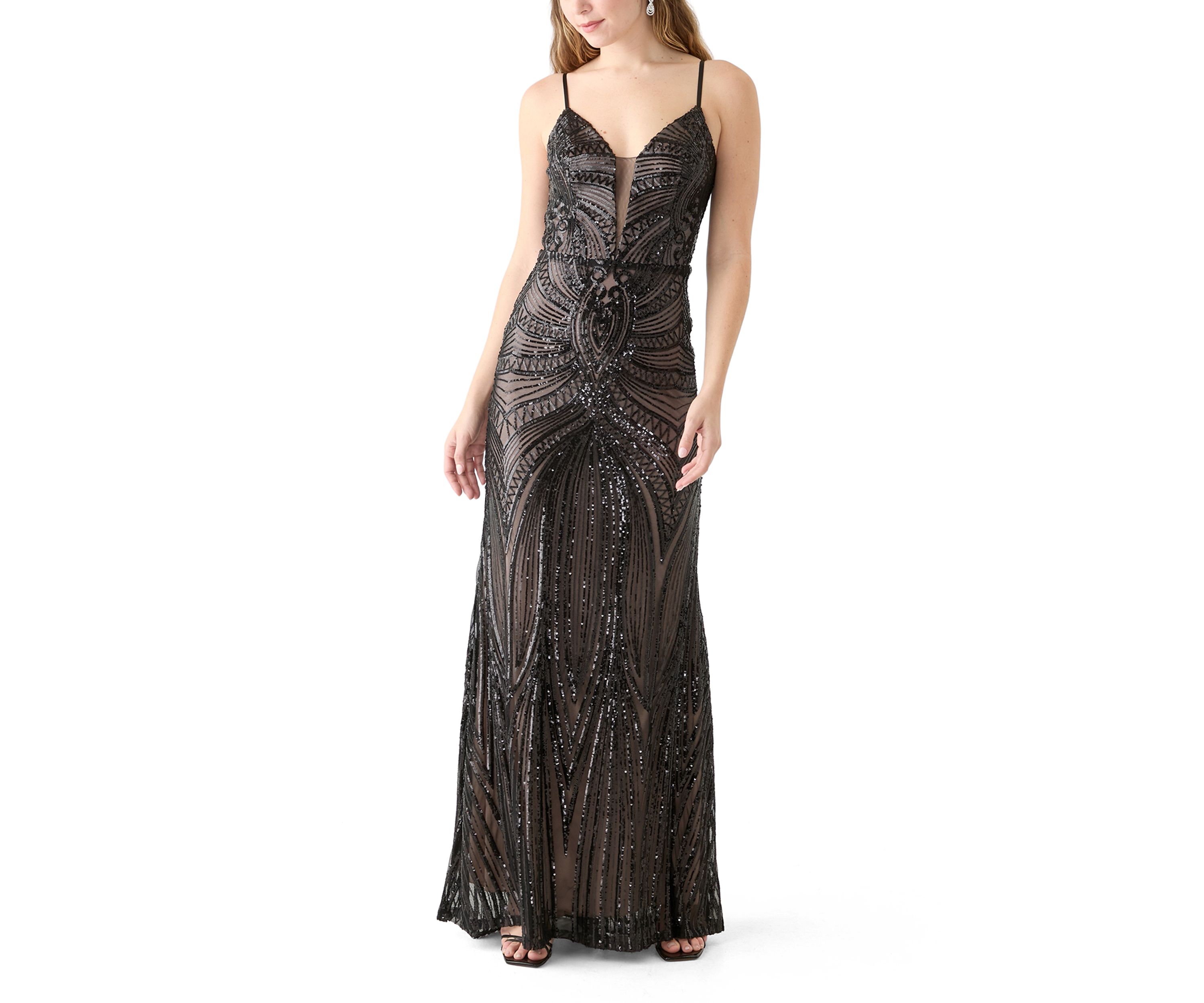 Womens Sleeveless V-Neck Solid Sequin Gown