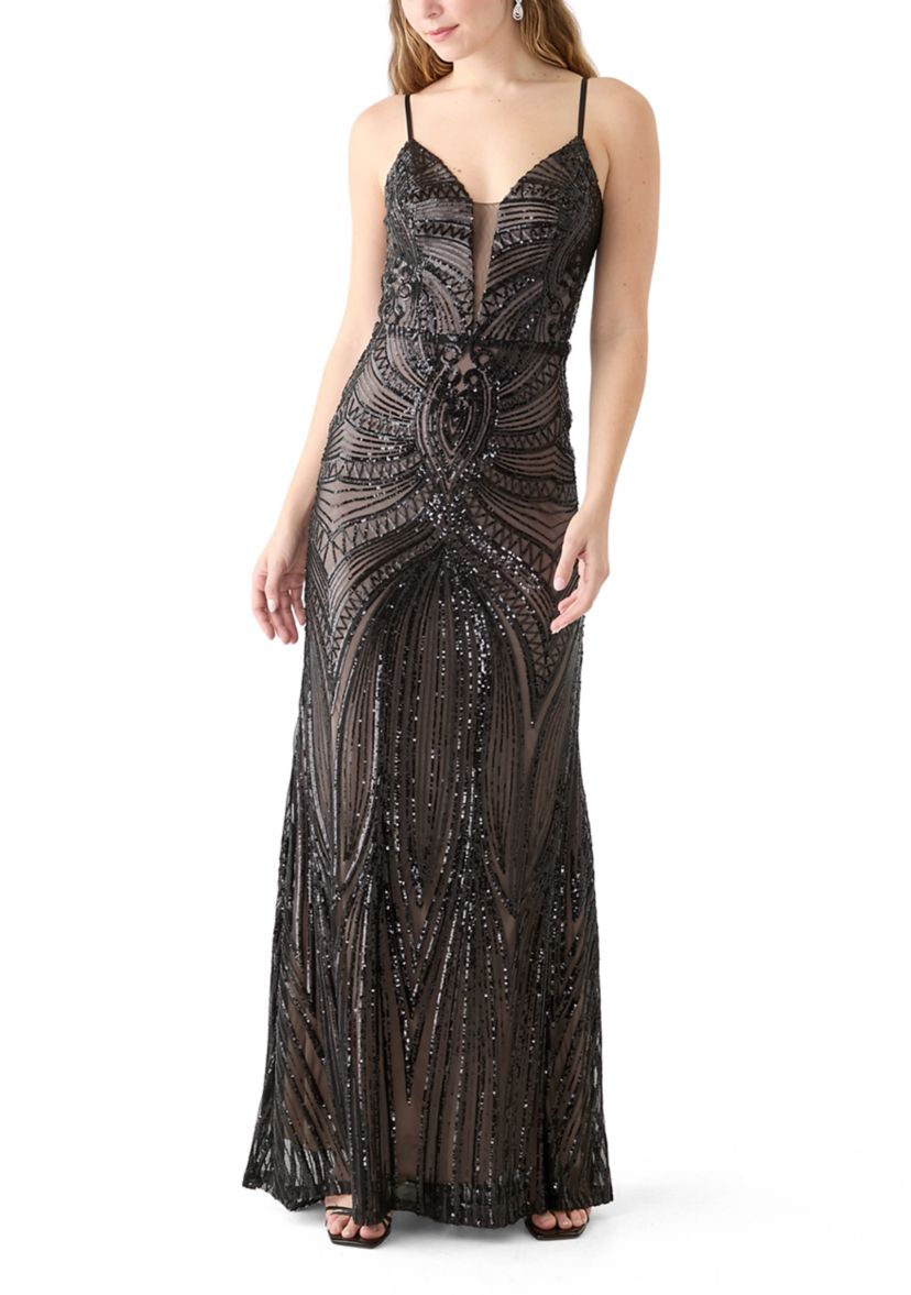 Womens Sleeveless V-Neck Solid Sequin Gown
