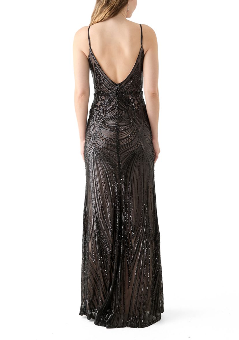 Womens Sleeveless V-Neck Solid Sequin Gown