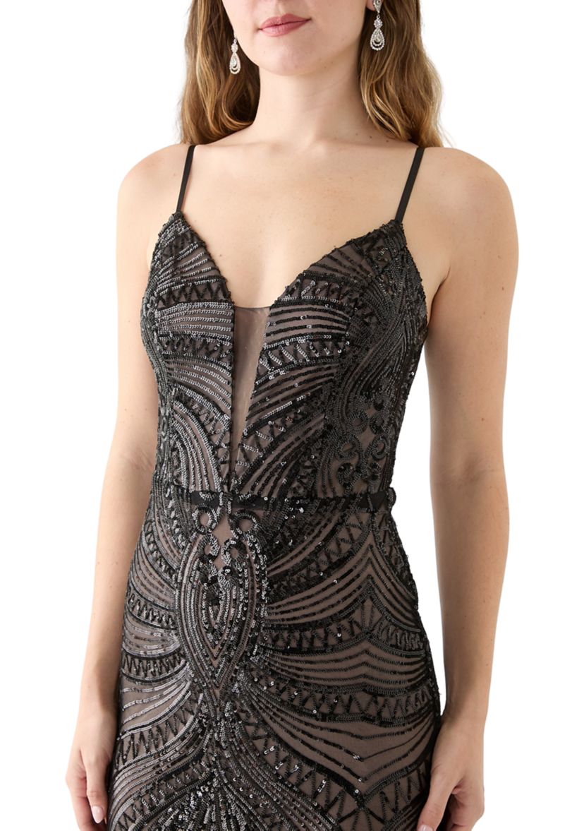 Womens Sleeveless V-Neck Solid Sequin Gown