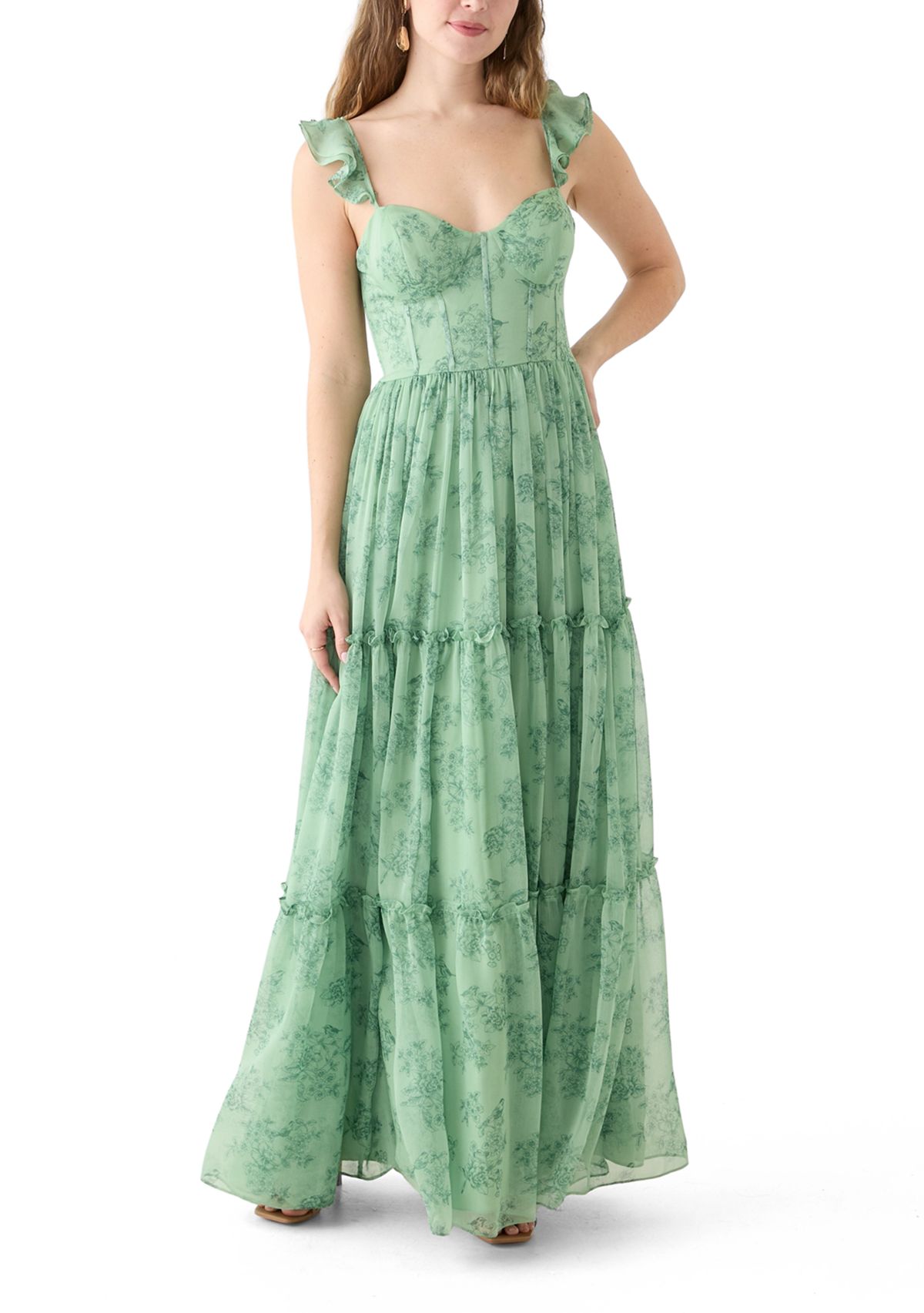 Sleeveless Ruffle Shoulder Chiffon Print Corset Gown
