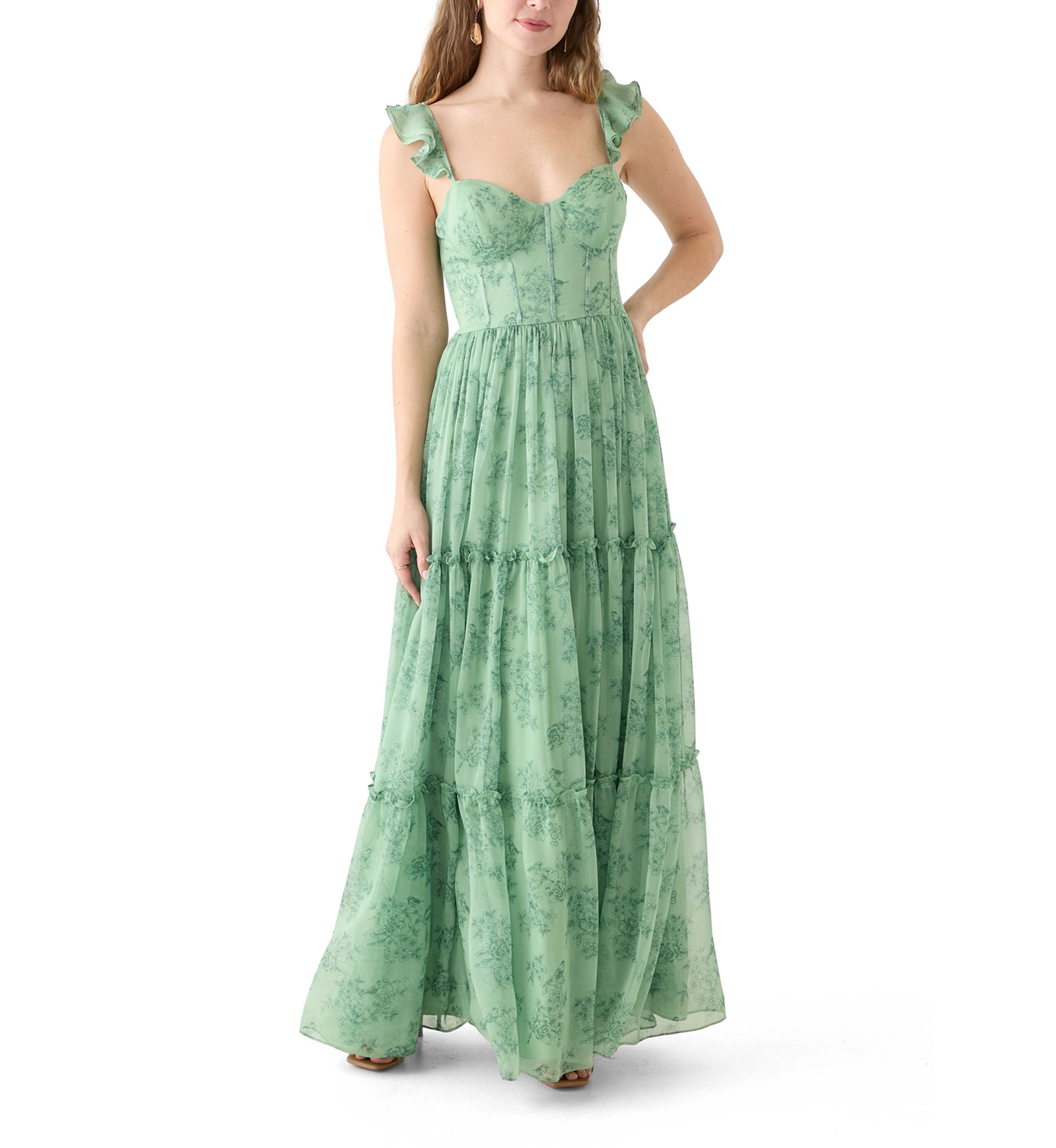 Sleeveless Ruffle Shoulder Chiffon Print Corset Gown