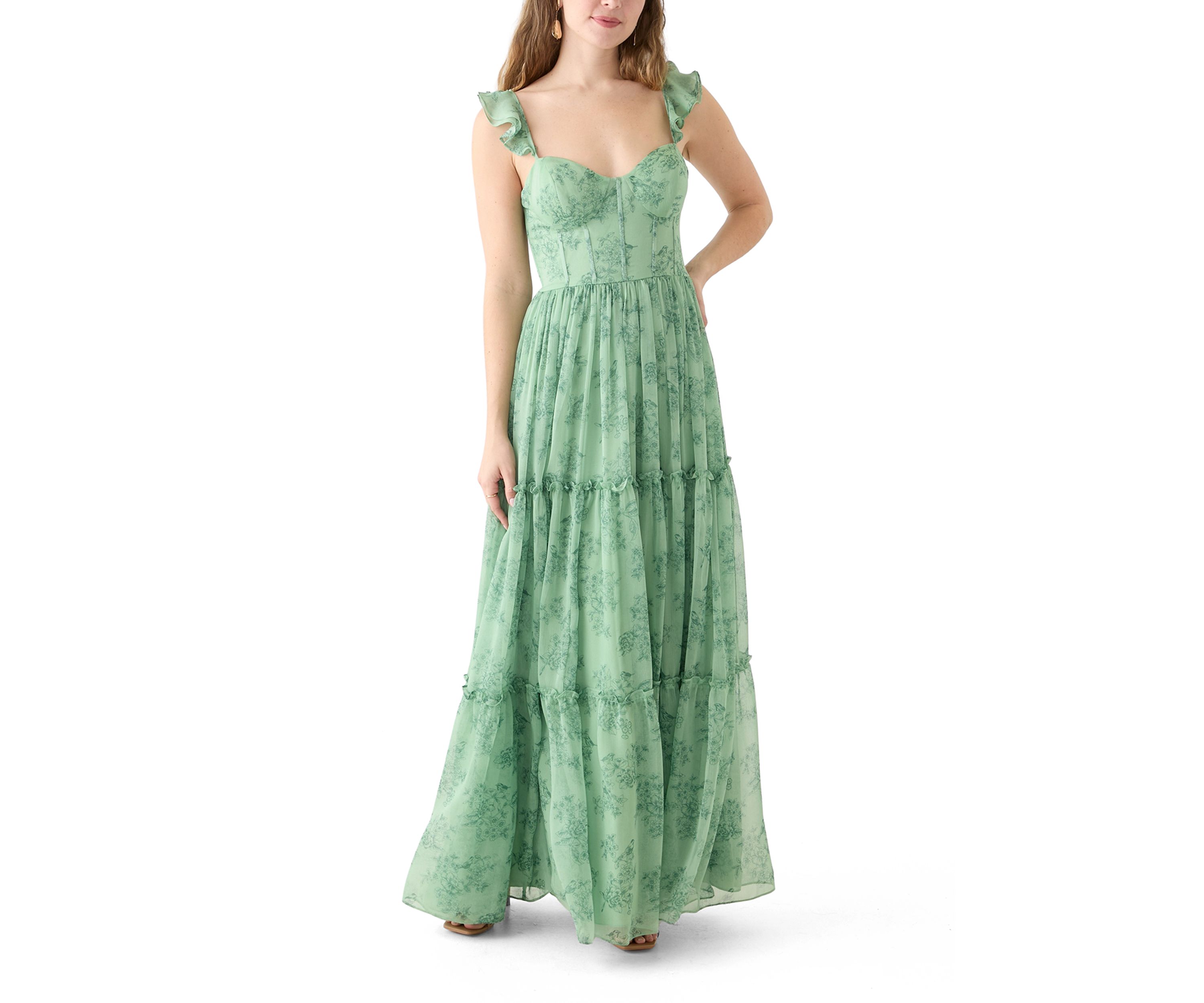 Sleeveless Ruffle Shoulder Chiffon Print Corset Gown