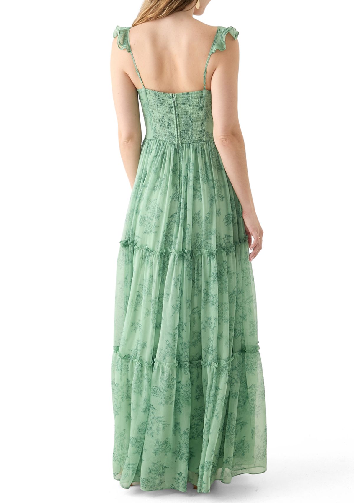 Sleeveless Ruffle Shoulder Chiffon Print Corset Gown