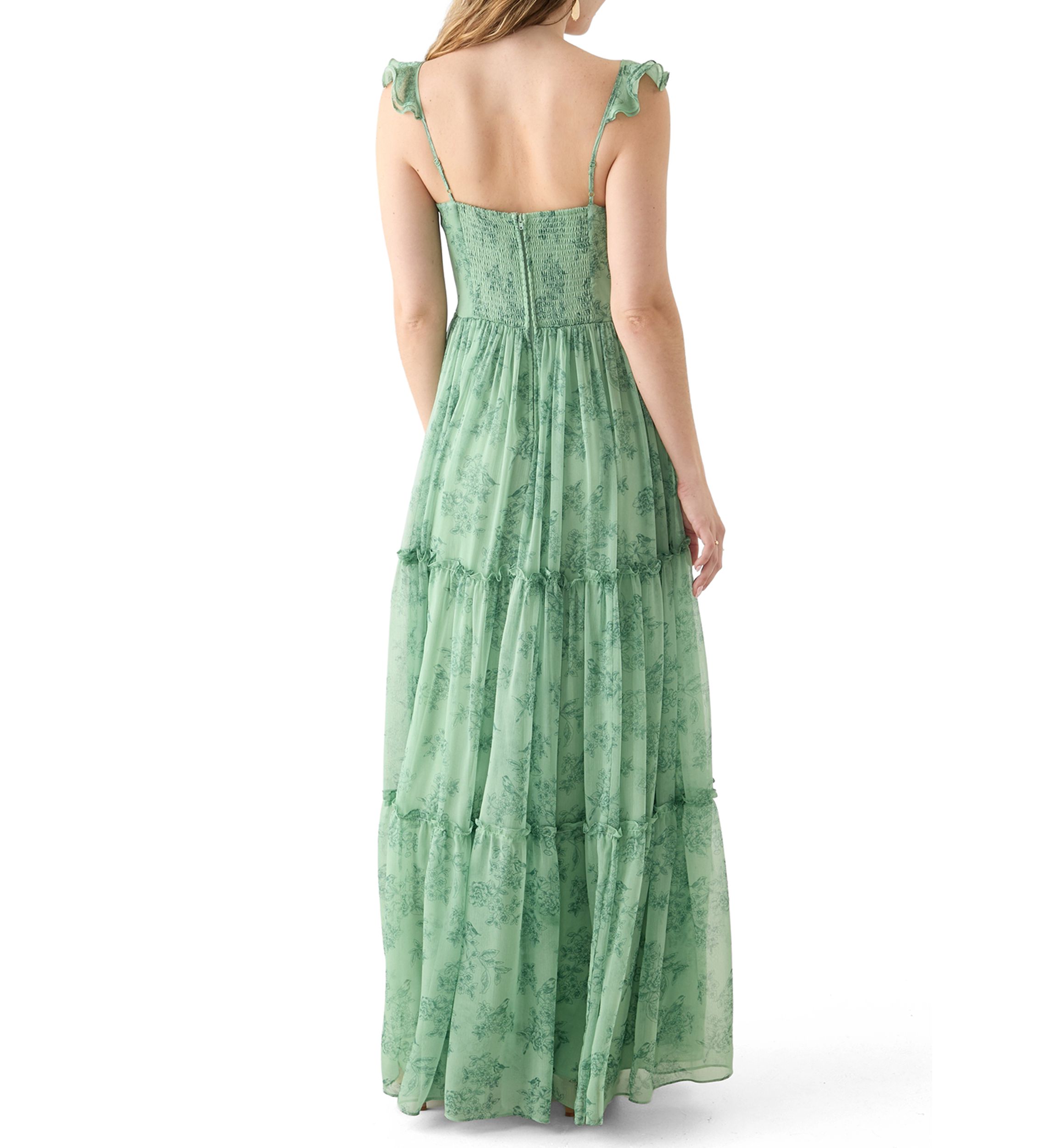 Sleeveless Ruffle Shoulder Chiffon Print Corset Gown