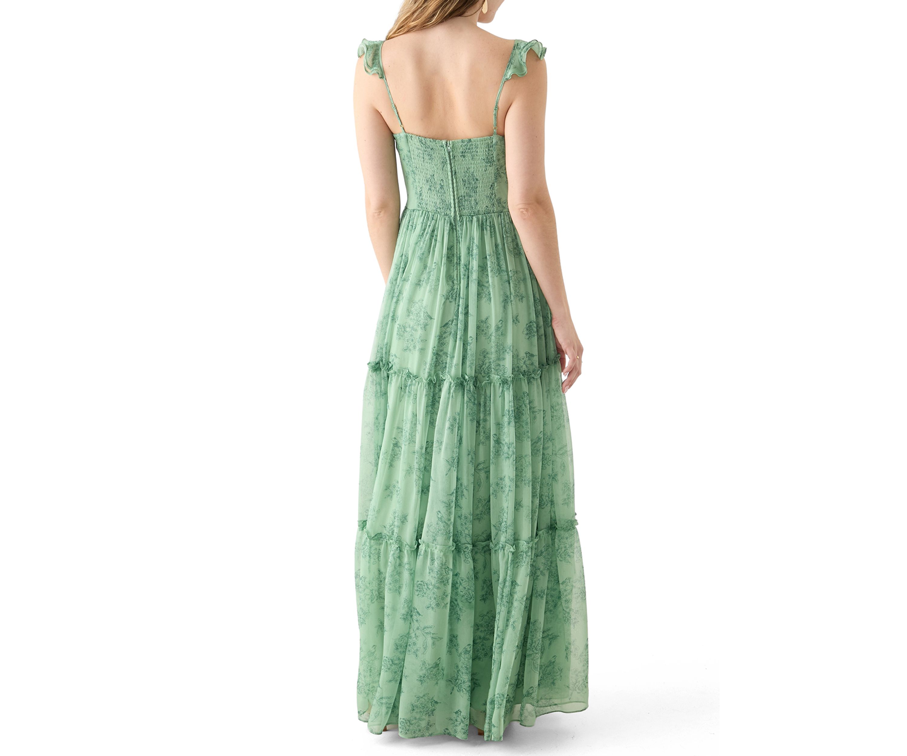 Sleeveless Ruffle Shoulder Chiffon Print Corset Gown