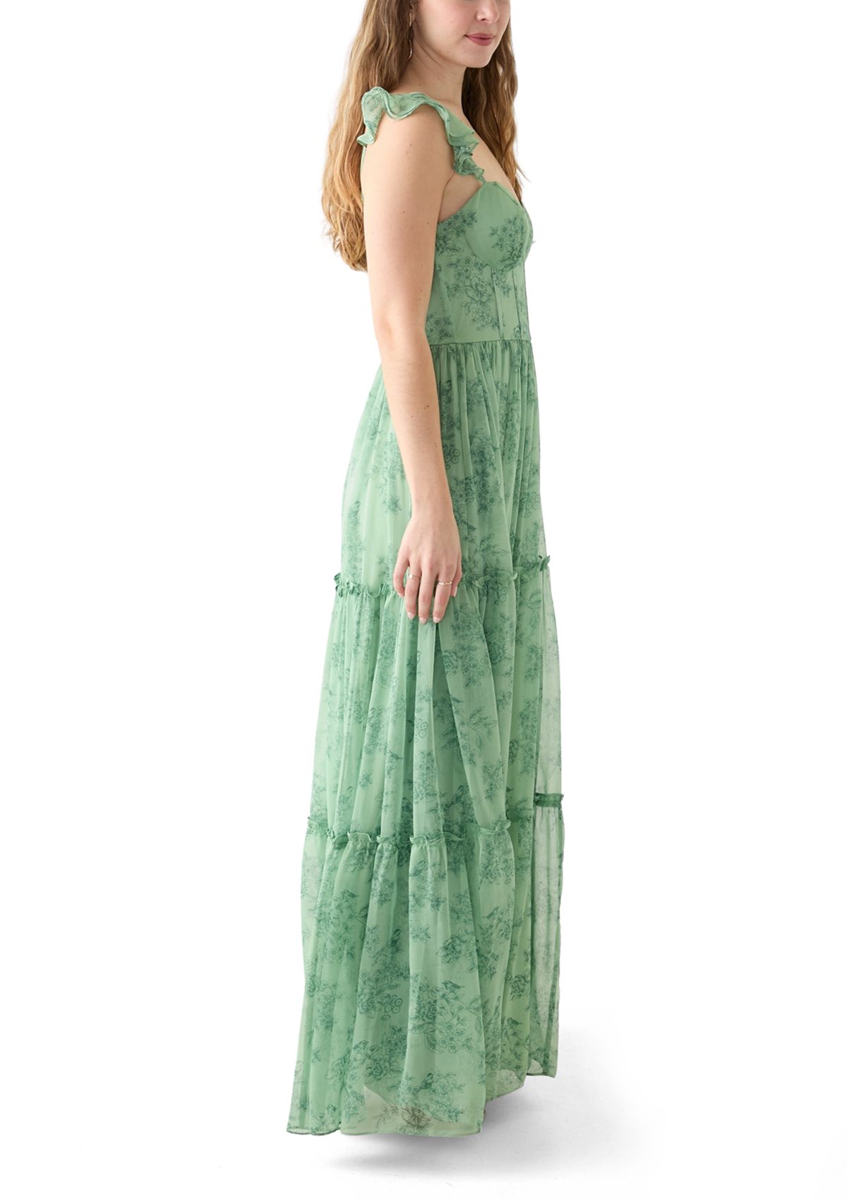 Sleeveless Ruffle Shoulder Chiffon Print Corset Gown