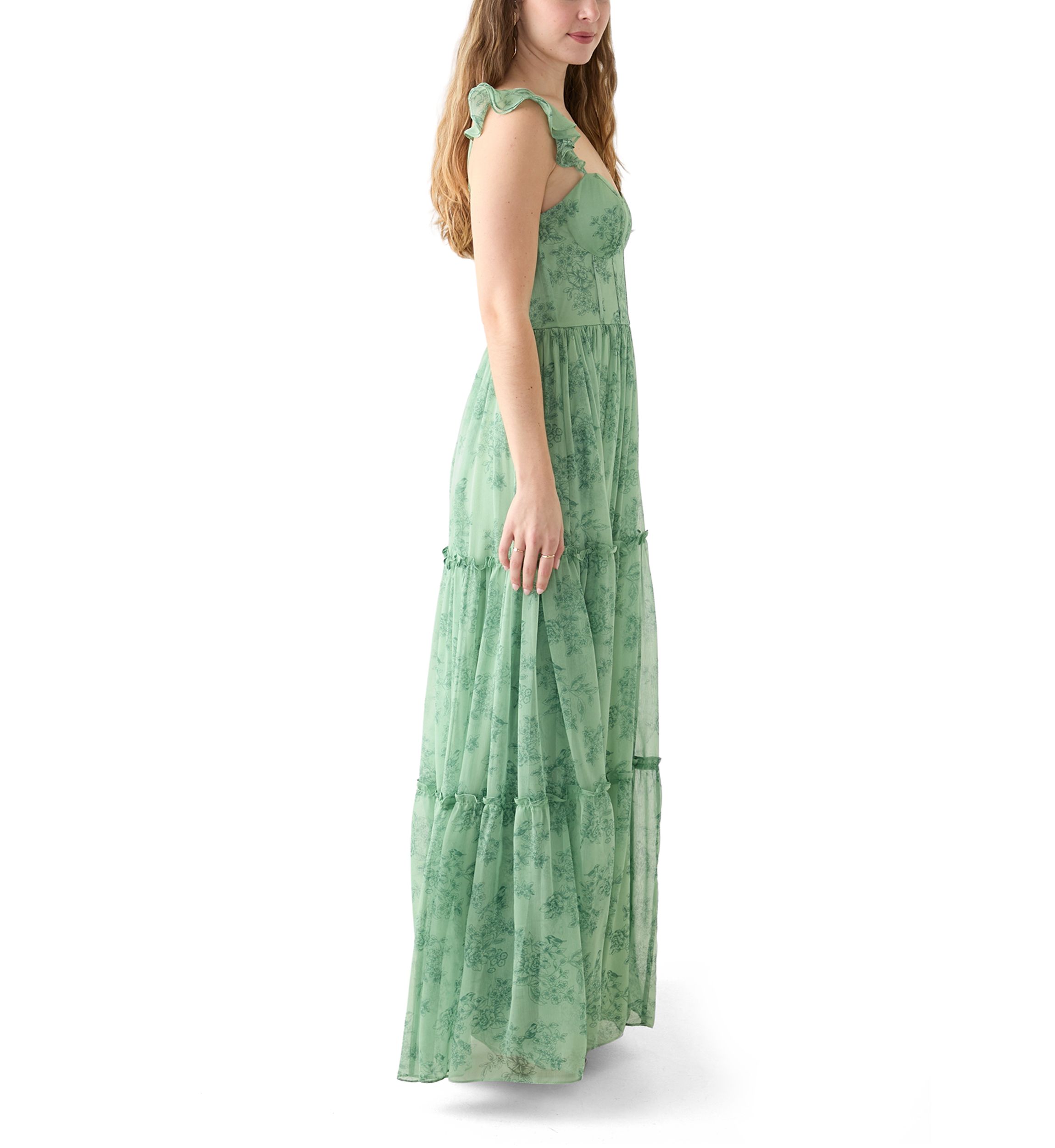 Sleeveless Ruffle Shoulder Chiffon Print Corset Gown