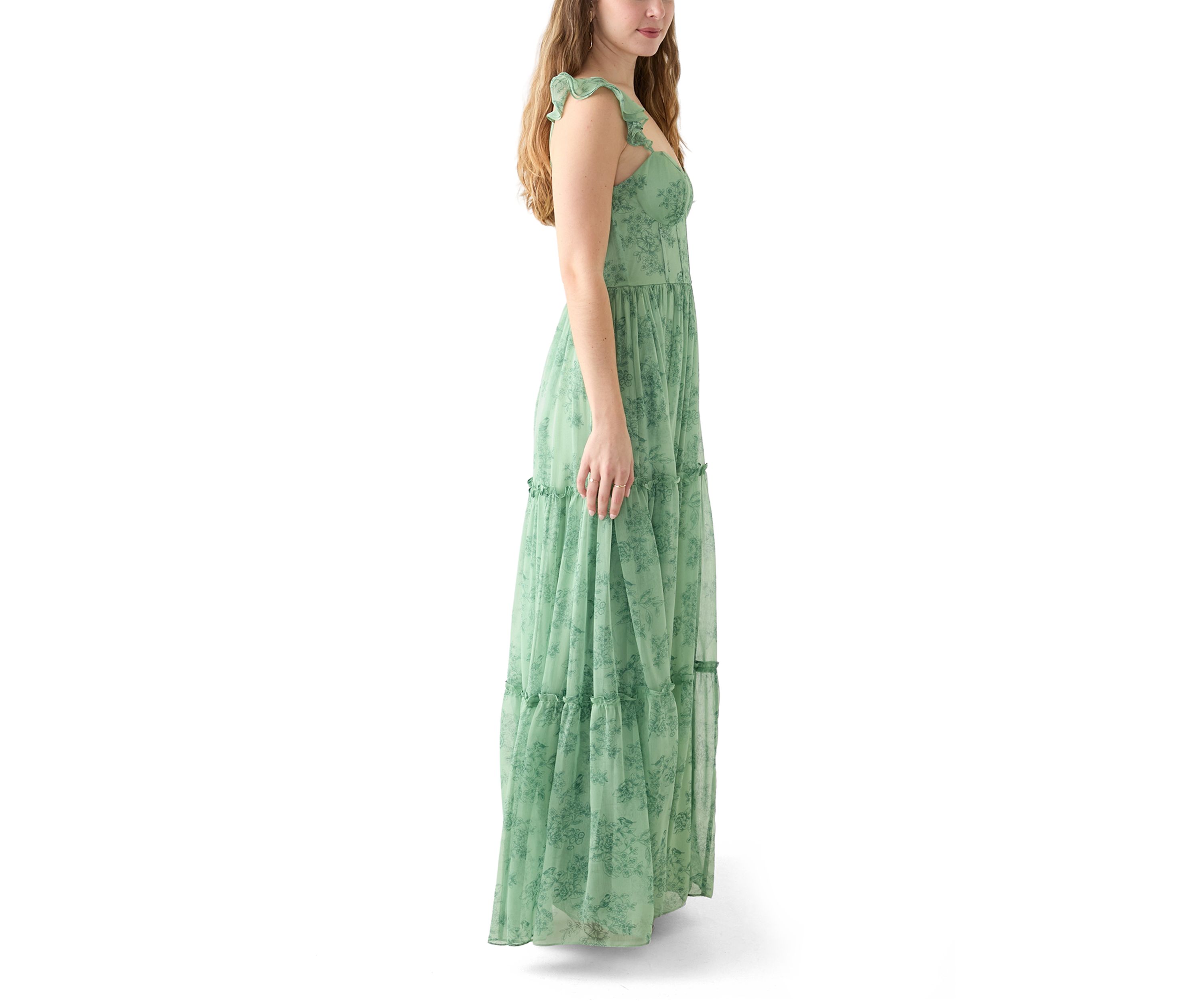 Sleeveless Ruffle Shoulder Chiffon Print Corset Gown