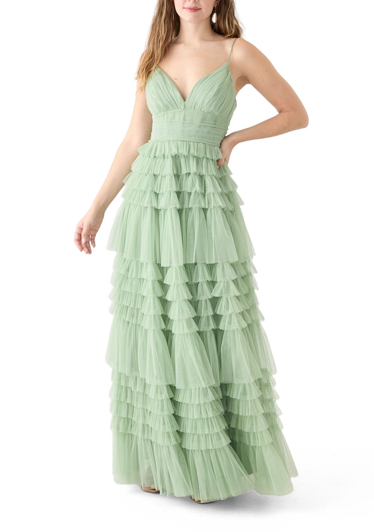 Womens Sleeveless V-Neck Mesh Tier Gown 