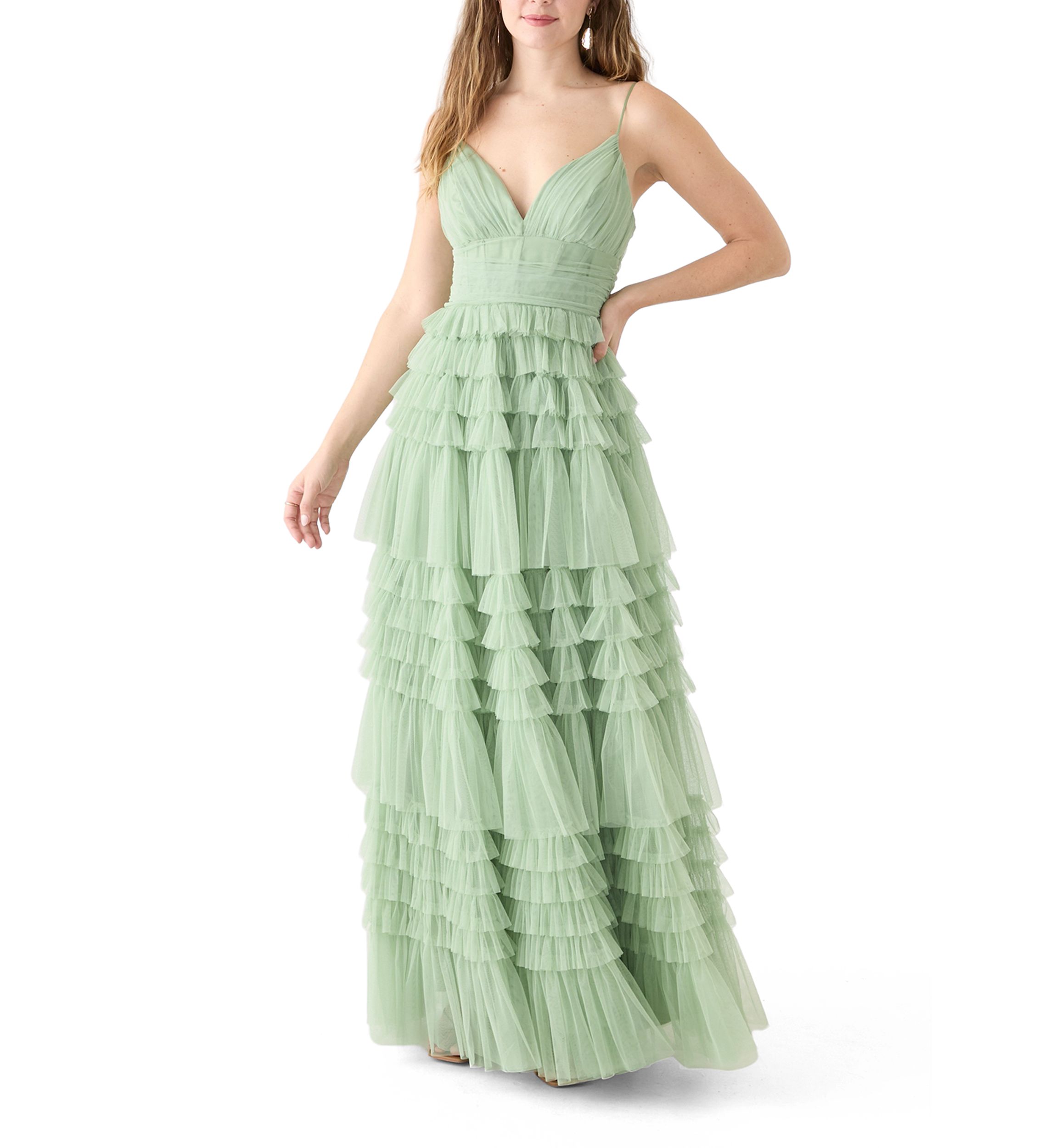 Womens Sleeveless V-Neck Mesh Tier Gown 